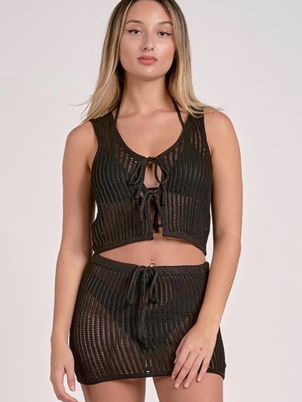 Black Knit Tie Front Crop Top